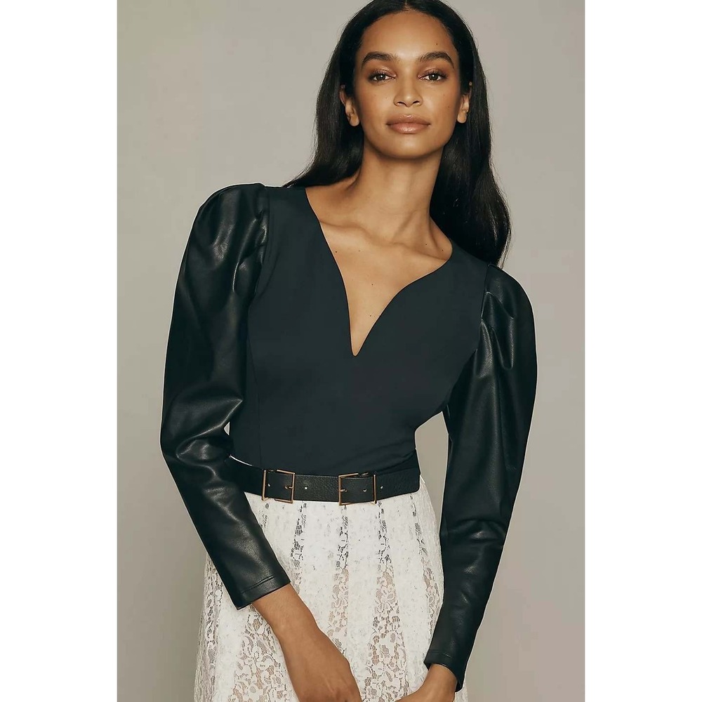 Anthropologie Top Black Faux Leather Puff Sleeve XL Whimsigoth Romantic Academia